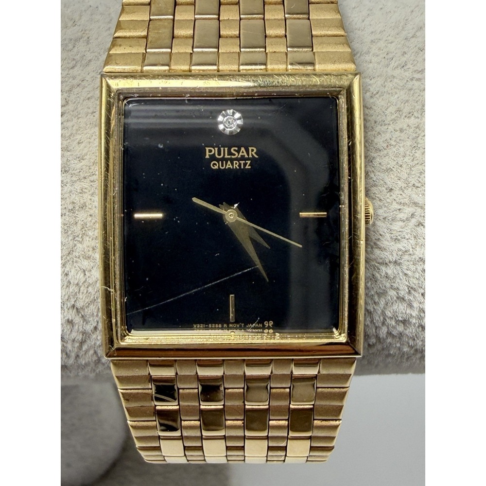 Pulsar V321-5210 New‎ Battery Vintage Mens Tank Watch 25MM 7.5" Gold Tone